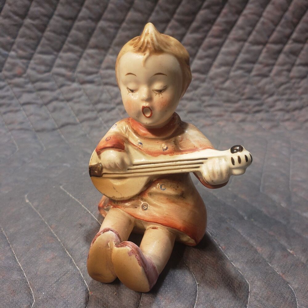 Vintage Gold Castle Japan Boy Playing Lute Mandolin Figurine 4.5"